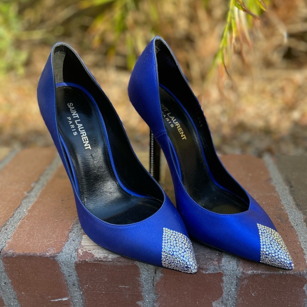 Saint Laurent Blue Satin Crystal Embellished Heels SZ 36.5